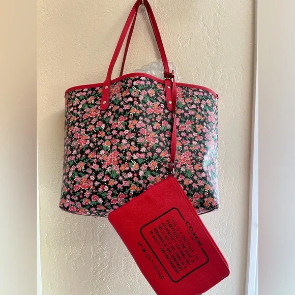 Coach Reversible Red and Pink Floral Tote Bag with wristlet. - Picture 1 of 16